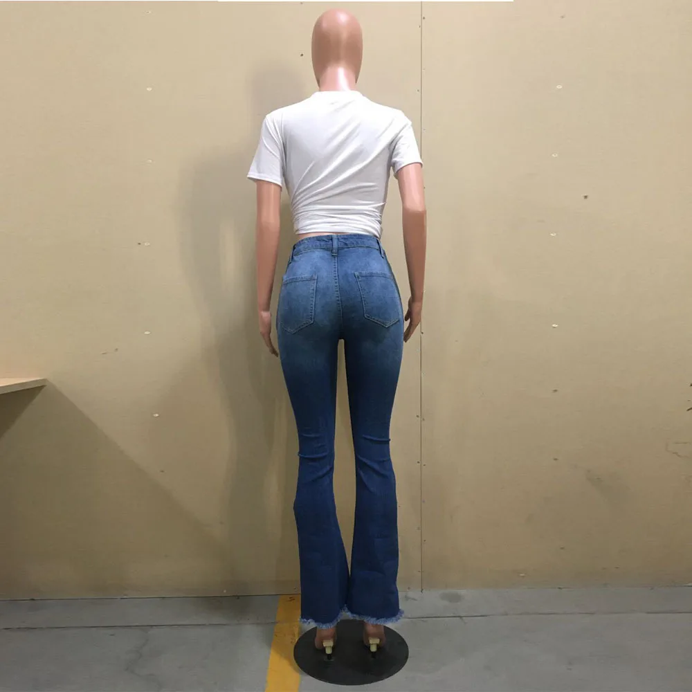 

Bell Bottom Skinny Drak Blue Women's Jeans Streetwear High Waist Hollow Hole Flare Denim Pant Stylish Femme Full Length Trousers