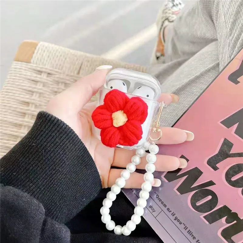 

For Airpod Pro Case Cover with Pearl Keychain 3D Flower Fashion Silicone Protective Cover For Apple Air Pods 1 2 Case for Girls