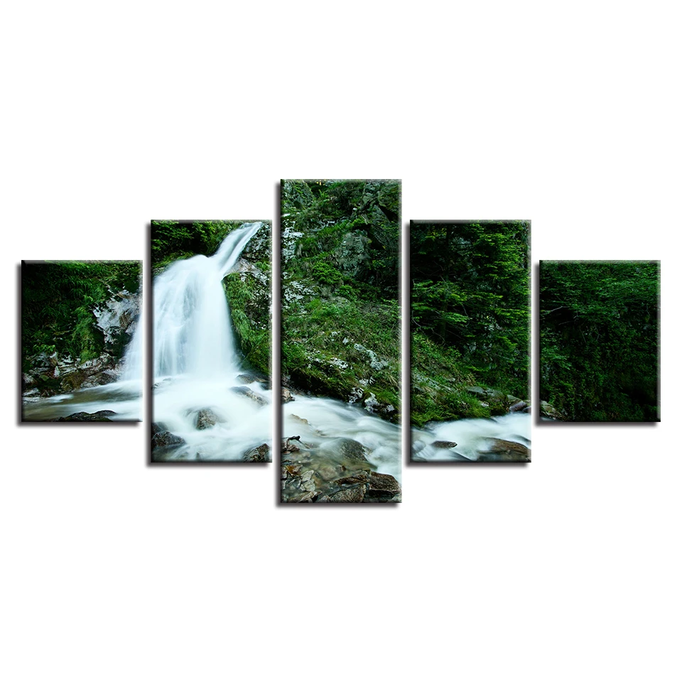 

5 Pieces Forest Stream Waterfall Printed Canvas Painting Living Room Wall Art Natural Landscape Pictures No Frames