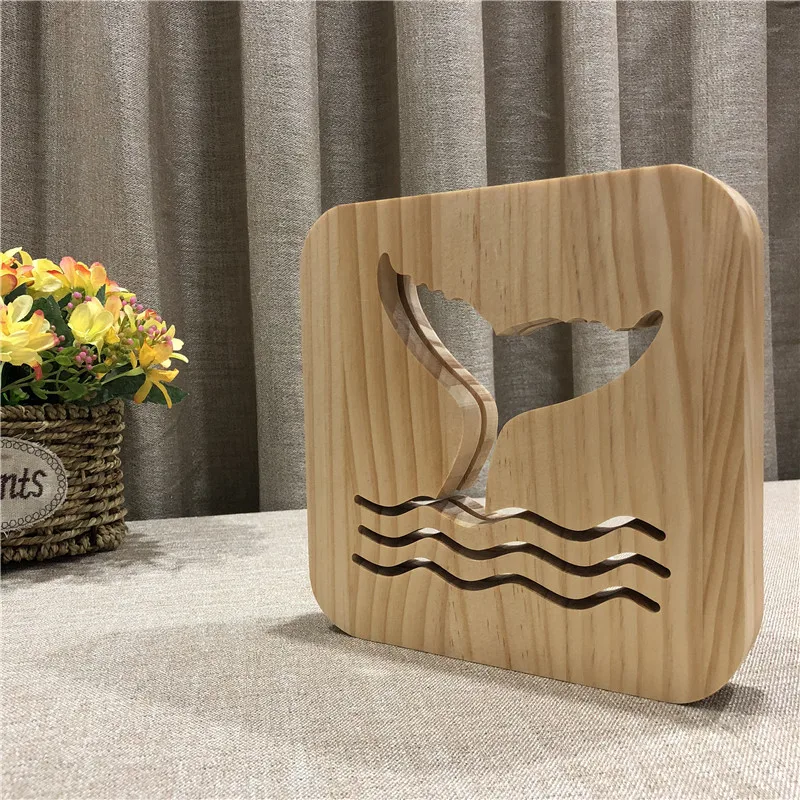 

3D Wooden Whale tail Footprints Shadow LED Wood USB Desk Night Light Christianity Crucifix Crafts Table Lamps Gift Decoration