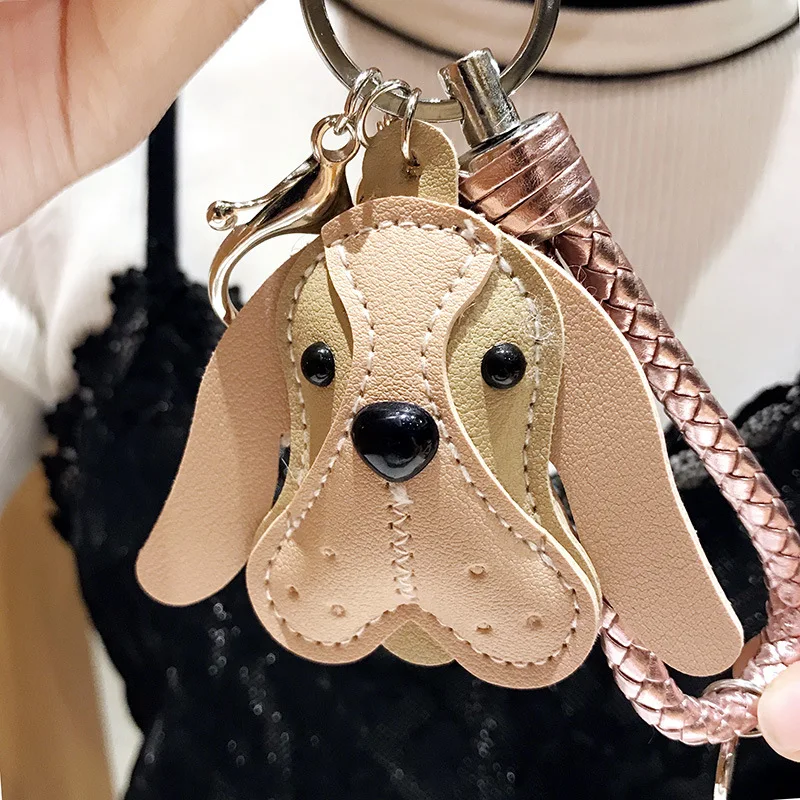 

New Fashion Cute Fringe Keychains Accessories Handmade Pu Leather Puppy Doll Key Chains Animal Key Rings Woman Bag Charm Pendant