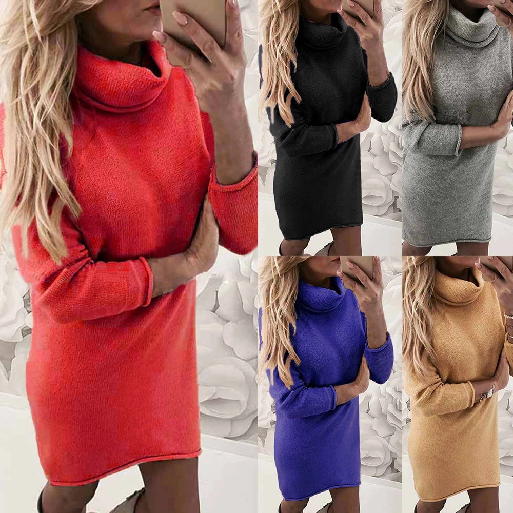 2019 женское теплое трикотажное платье с длинным рукавом модный длинный свитер