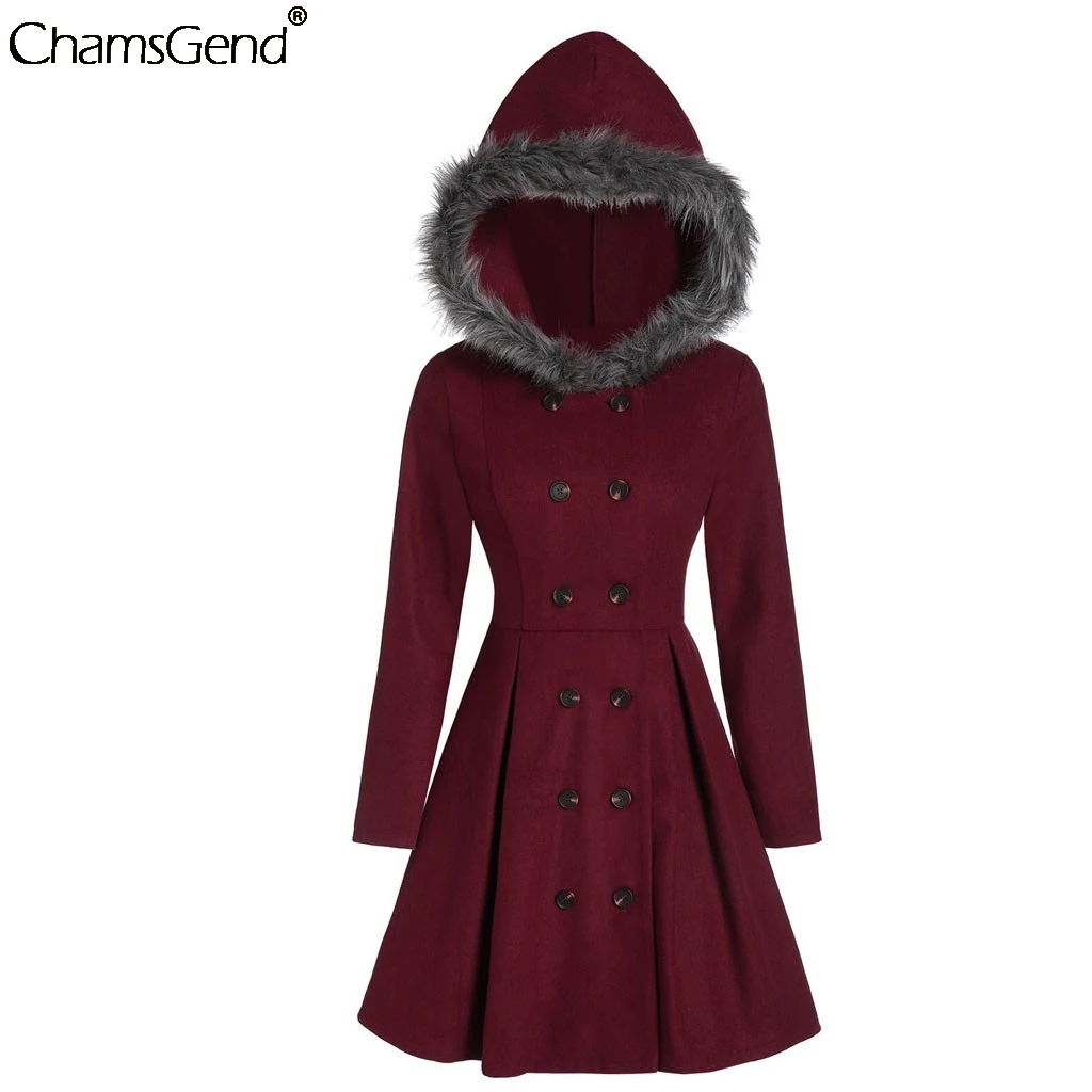 

CHAMSGEND Winter warm Long Sleeve Wool Blend Coats women elegant Slim Fit Wool Overcoat Female Casual Hooded jackets mujers #4z