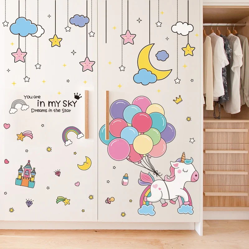 

[SHIJUEHEZI] Cartoon Stars Clouds Wall Stickers DIY Unicorn Animals Balloons Wall Decals for Kids Bedroom Baby Room Decoration