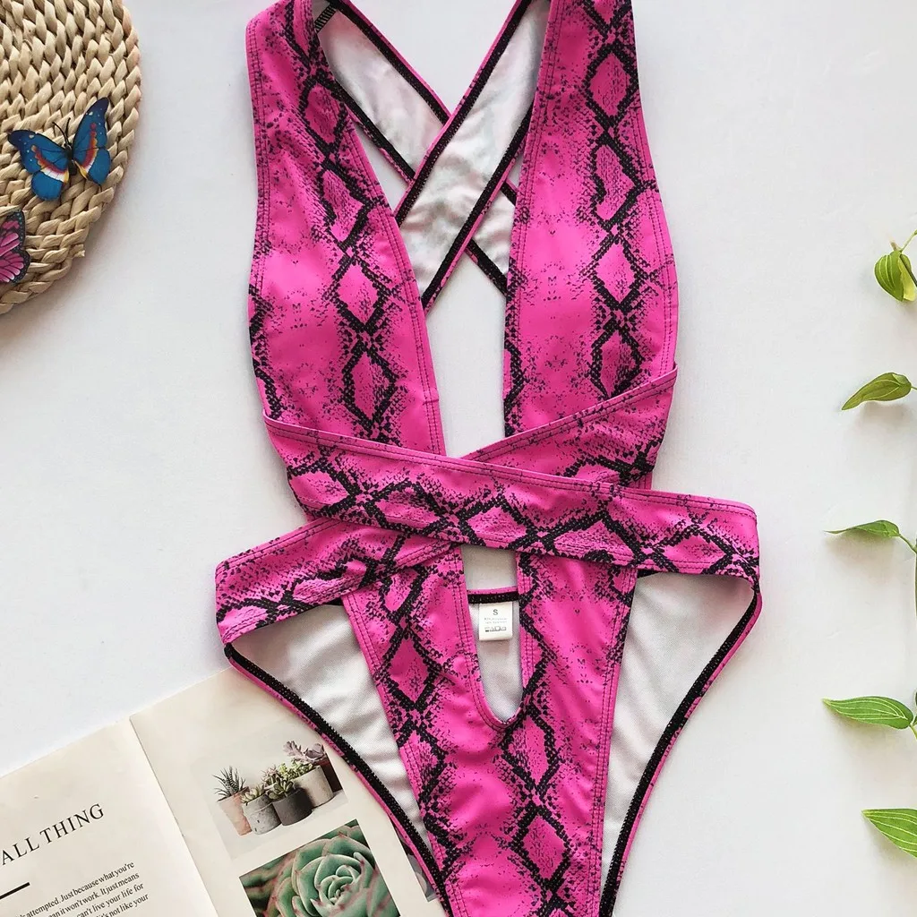 Женский слитный купальник монокини неоново-зеленый со змеиным принтом с вырезом