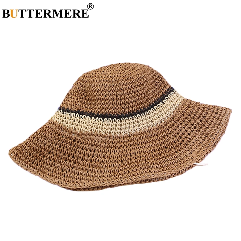 BUTTERMERE Womens Summer Bucket Hats Straw Patchwork Fishing Cap Female Elegant Grey Pink Folding Ladies Crochet Sun Hat Fashion