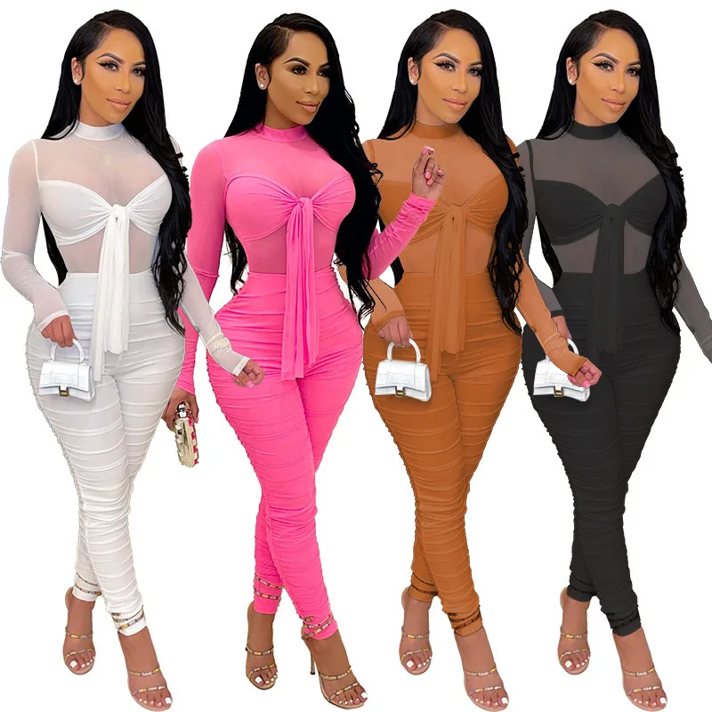 

Somoshein S-4xl Plus Size Sexy Solid Color Long Sleeve Mesh Bodycon Rompers Womens Jumpsuit Fashion Wholesale Dropshipping