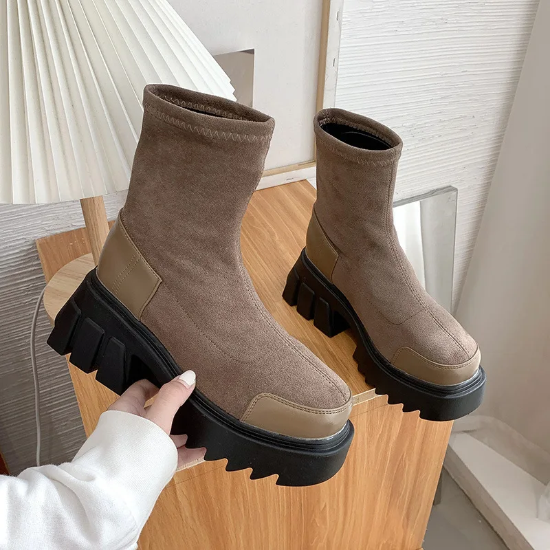 

2021 Autumn New Women's Thick-soled Short Boots Round Toe Suede Ladies Square Heel Nude Boots British Style Ladies Casual Boots