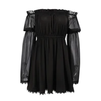 gothic women dresses sexy black mini dresses harajuku high waist lace trim dresses elegant slash neck long sleeve