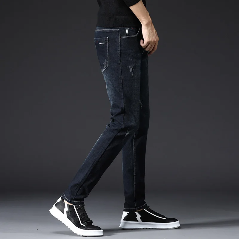 Men Elastic Slim Fit Tight Jeans Korean Trend Pants Black Youth High Quality Little Feet Business For Male | Мужская одежда