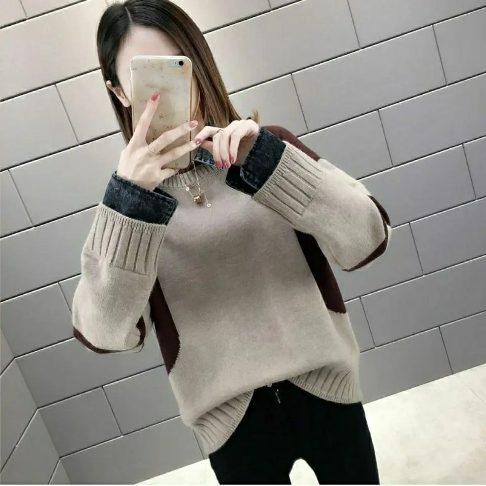 

Woman fall 2020 Denim Sleeve Patchwork Girl Print Loose Casual Sweater Side Split Leisure Preppy Style O-Neck C16