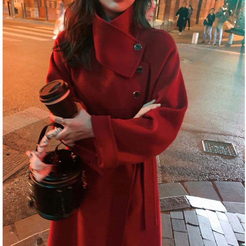 Женское шерстяное пальто элегантное однотонное длинное с длинным рукавом