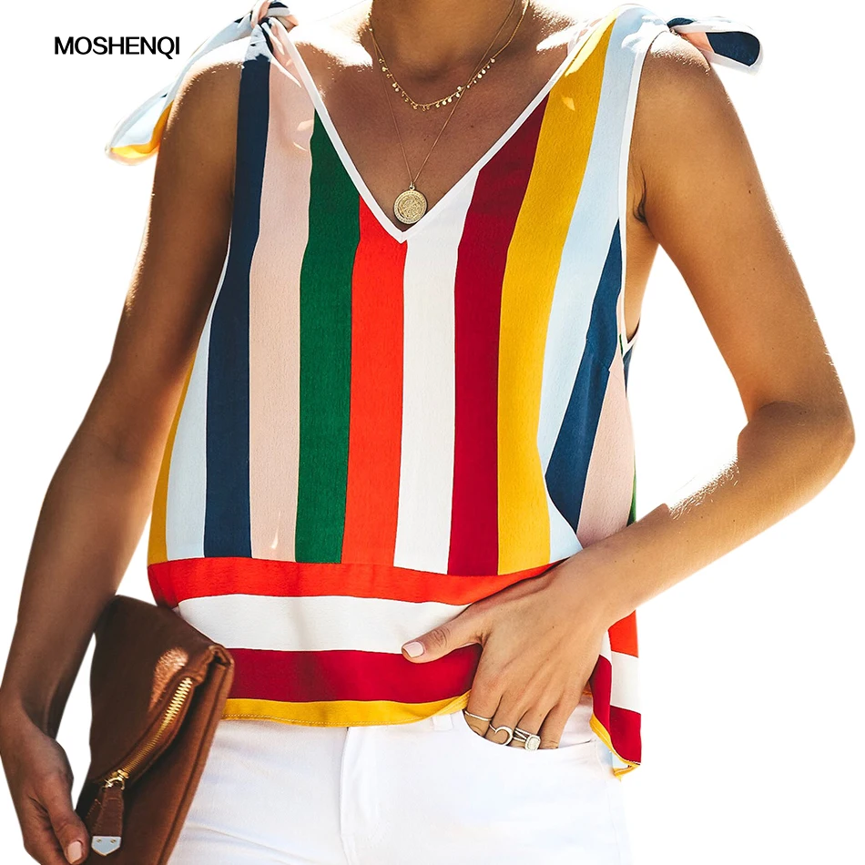MOSHENGQI/Полосатые женские блузки и рубашки с v-образным вырезом повседневные летние