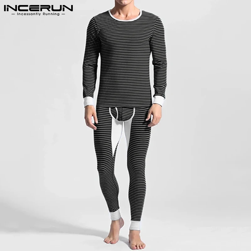 

INCERUN Пижамный комплект для мужчин полосатая пэчворк ночная рубашка с длинным рукавом Брюки для отдыха уютная Мужская одежда для сна костюмы...