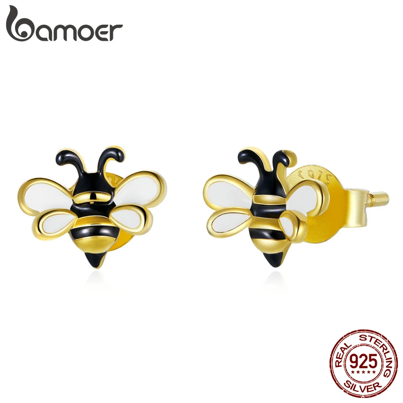 bamoer Little Bee Stud Earrings 925 Sterling Silver Yellow Enamel Animal Insect Earrings for Women Statement Jewelry SCE1182