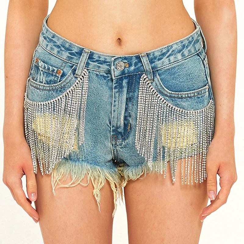 

Women Sexy Denim Shorts Tassel Ripped Jeans Rhinestone Embellished Diamond Short Trouser Nightclub Outfit Matching Plus Size