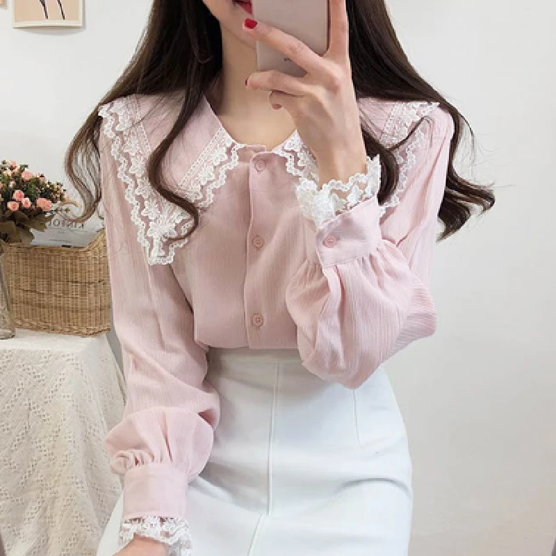 Женская шифоновая блузка с длинным рукавом и кружевом белая или розовая|Рубашки|