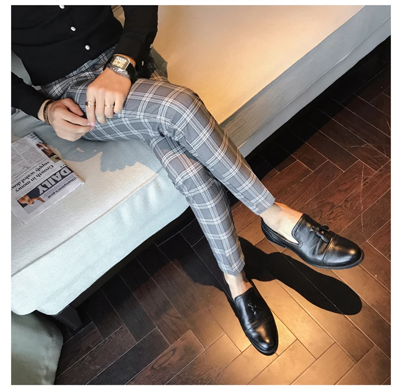 Серый синий мужской Клетчатый костюм брюки Slim Fit лодыжки костюм брюки для мужчин классическое деловое офисное платье формальный клетчатый костюм брюки P13
