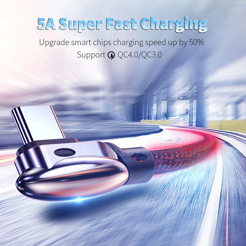 USB кабель 5A Type C 90 градусов Supercharge для Samsung S10 S9 S8 Huawei P40 P30 Pro Xiaomi быстрой зарядки