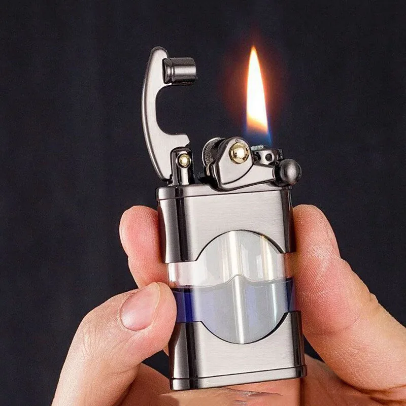 

2021 New Zorro Kerosene Lighters Transparent Fuel Tank Metal Retro Grinding Wheel Rocker Lighter Visible Gas Window Men's Gifts