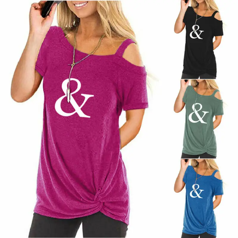 

Womens Summer Twist T-Shirt Ladies Short Sleeve Off Shoulder Print Casual Top UK
