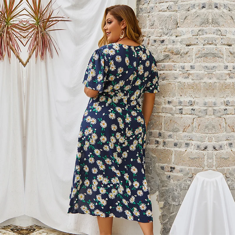 

Fashion Plus Size 2021 New Women's V Neck Short Sleeve Printed Long Dresss For Summer Ladies Casual All Match 4XL Dresses