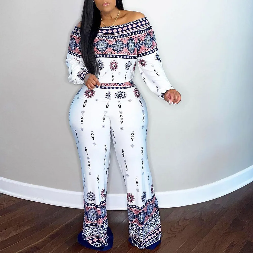 

XL-5XL Women Jumpsuits Plus Size Elegant White Ethnic Printed African Fashion Spring Off Shoulder Sexy Overalls Ladies Jumpsuit
