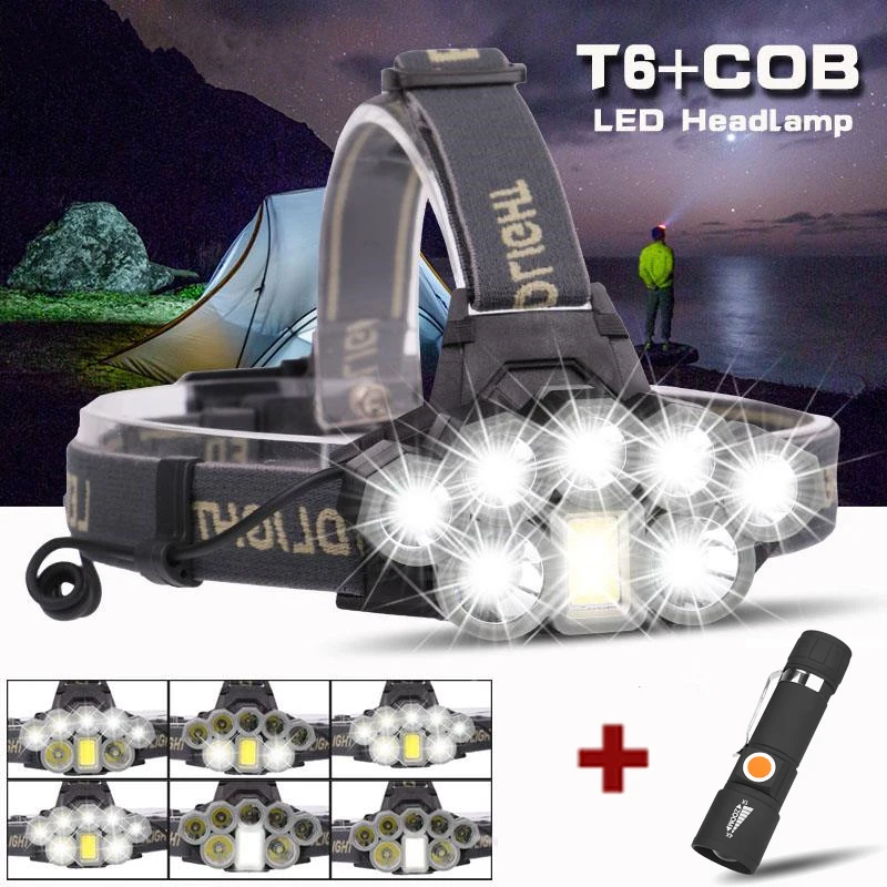 Налобный фонарь с 8 светодиосветодиодный перезаряжаемый через USB 2 * T6 + 5 XPE 1 COB