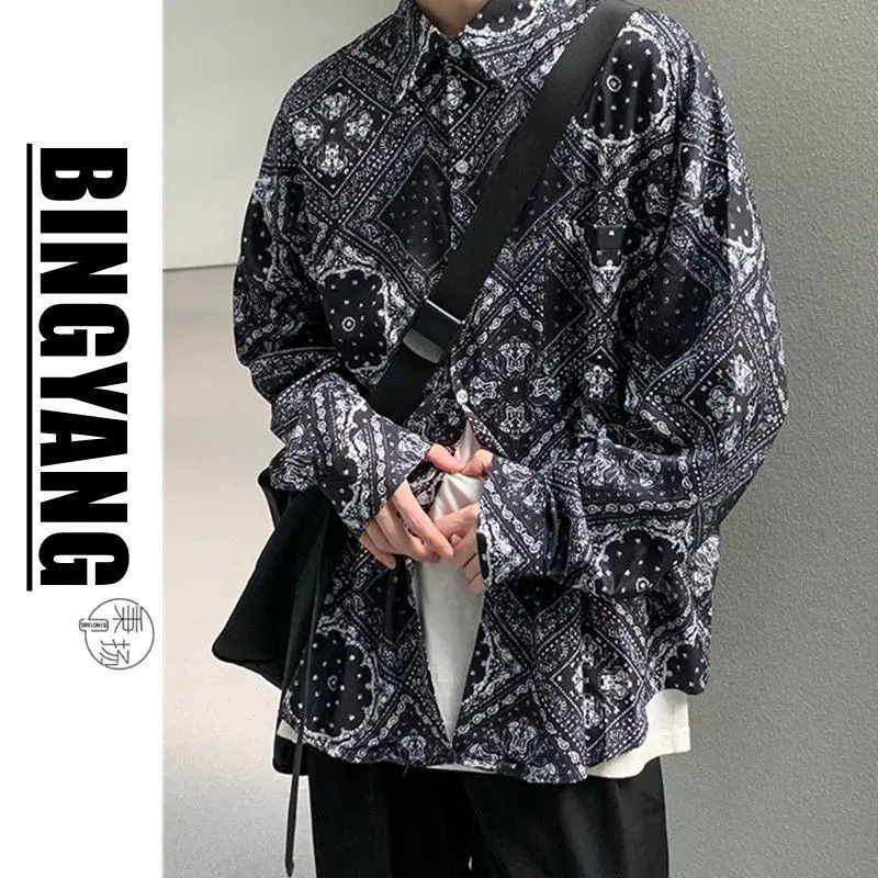 

Новинка лета 2022, Корейская рубашка в Корейском стиле с изображением кешью и цветами, Мужская универсальная Свободная рубашка с супер огнем ...