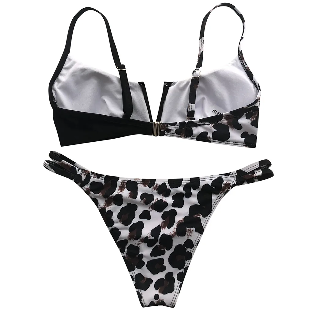 

Mid Waist Bikini Female Swimsuit Women Bandeau Bandage Swimwear Two-pieces Bikini set Splicing Leopard Bather Bathing Suit Swim
