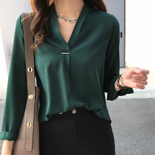 

New Spring Women Chiffon Blouses & Shirt Feminine OL V Neck Long Sleeve Shirt & Tops Solid Casual Loose Shirt 4XL