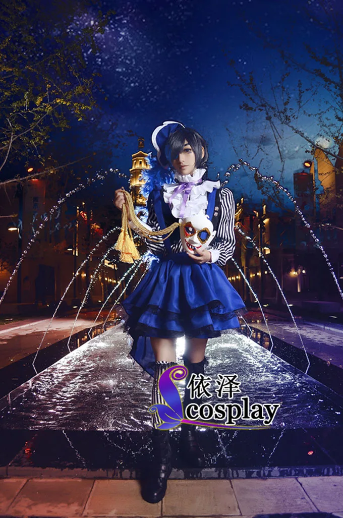 Комплект косплея Черный Дворецкий: костюм Циэля Фантомхайва из цирка, синий комбинезон + рубашка + жилет + шорты + шляпа + галстук.