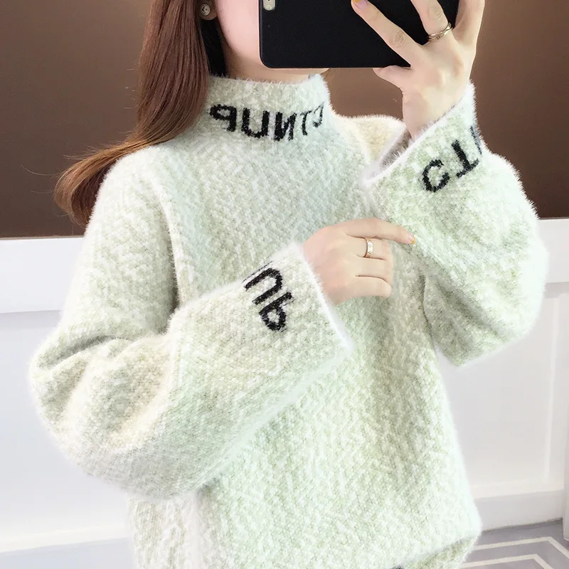 Autumn/winter New Mink Velvet Turtleneck Sweater Female Students Loose Wear Lazy Wind Sleeve Head Bottom Knit | Женская одежда