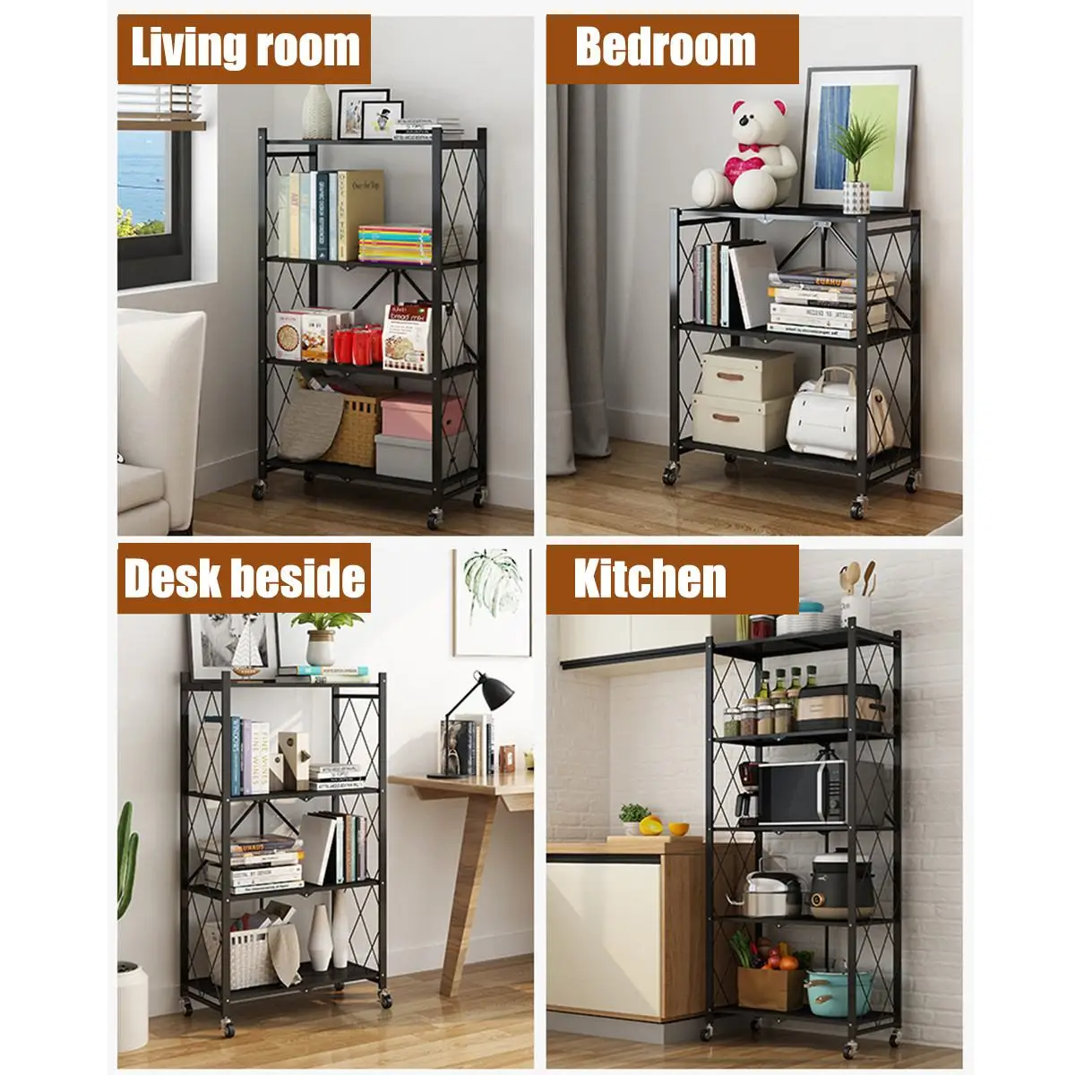 

3/4/5 Layer Folding Storage Rack With Wheel Movable For Living room Bedroom Kitchen Home Space Saving Organizer
