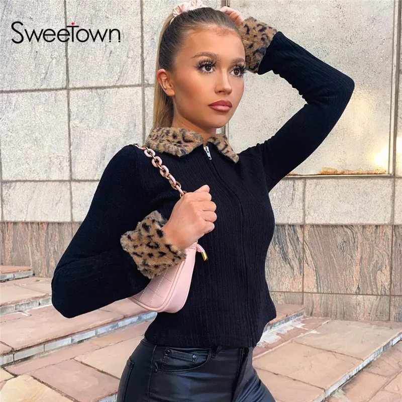 Sweetown пальто с мехом леопардовым принтом отделка воротника Y2K кардиган рубашки