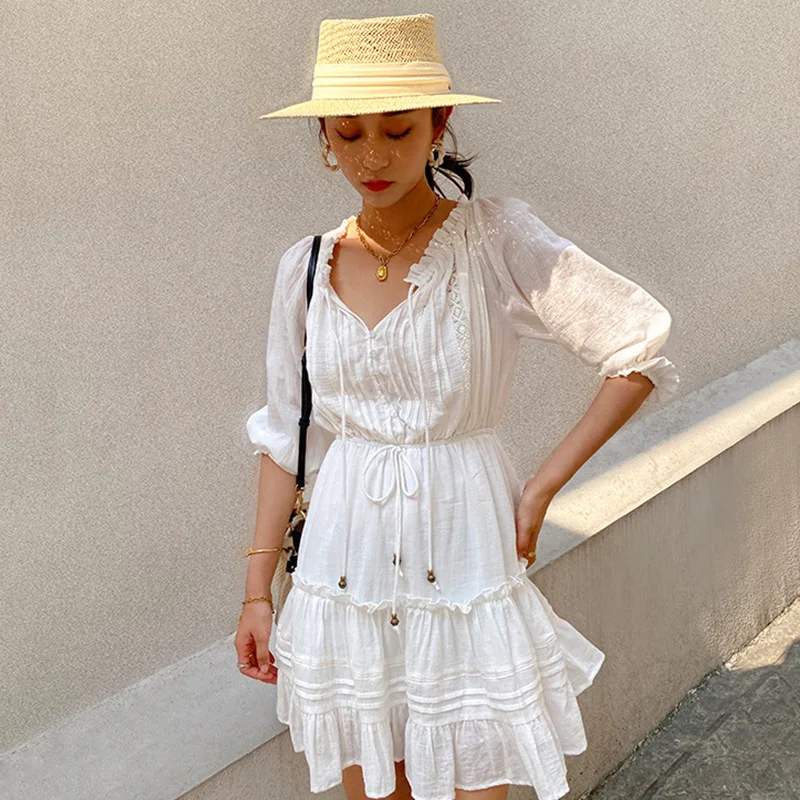 

Lace Knee-Length Dresses Female Casual Straight Dress Summer Women Clothes Solid Color V-Neck Summer Dress Ladies Sundresses