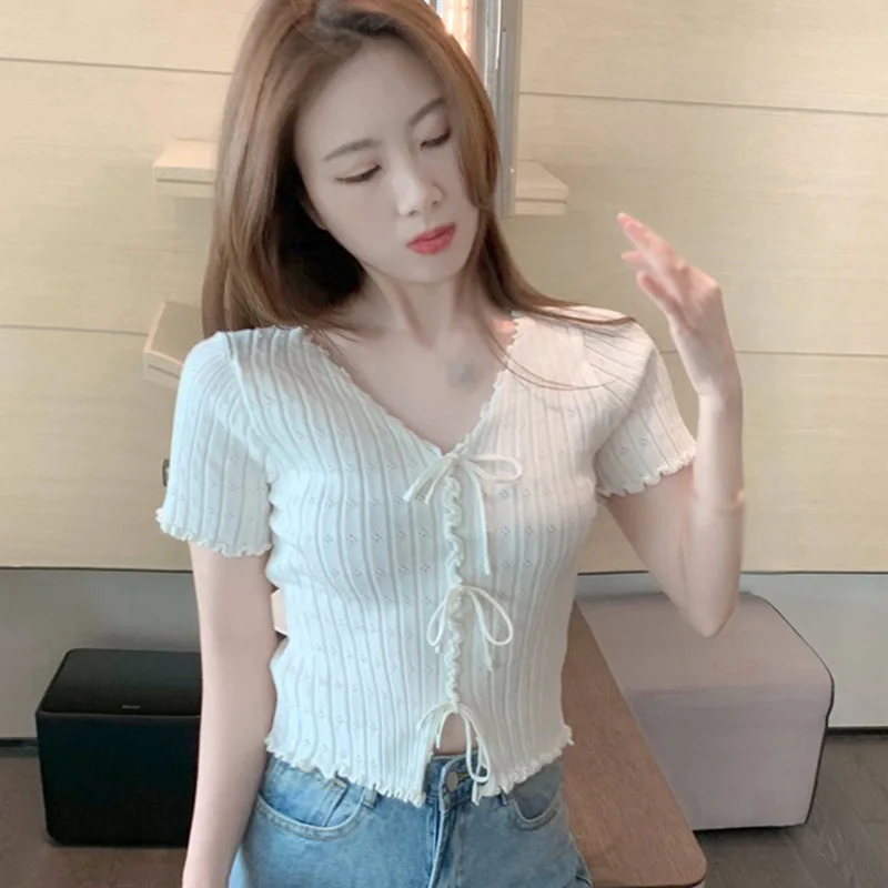 

Summer Women Short Sleeve V Neck T-Shirts Elegant Bandage Exposed Navel Knitted Tops Female T Shirts