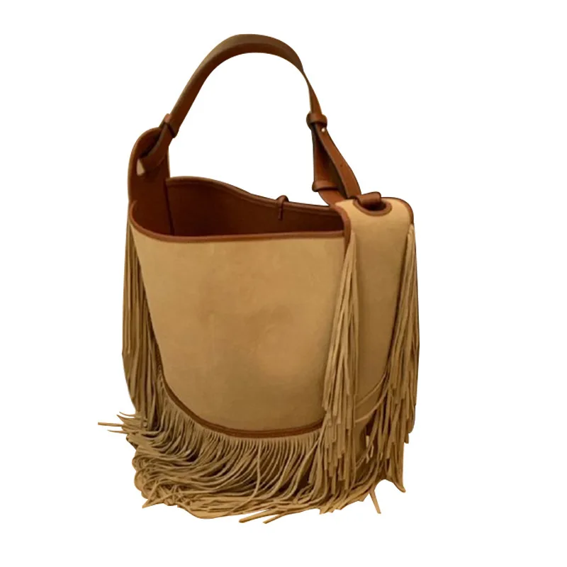 

Bolso Mujer Verano 2021 Bandolera Frosted Cowhide Fringed Large-Capacity Bucket Shoulder Bag ショルダーバッグ Sac Bandouillere Femme