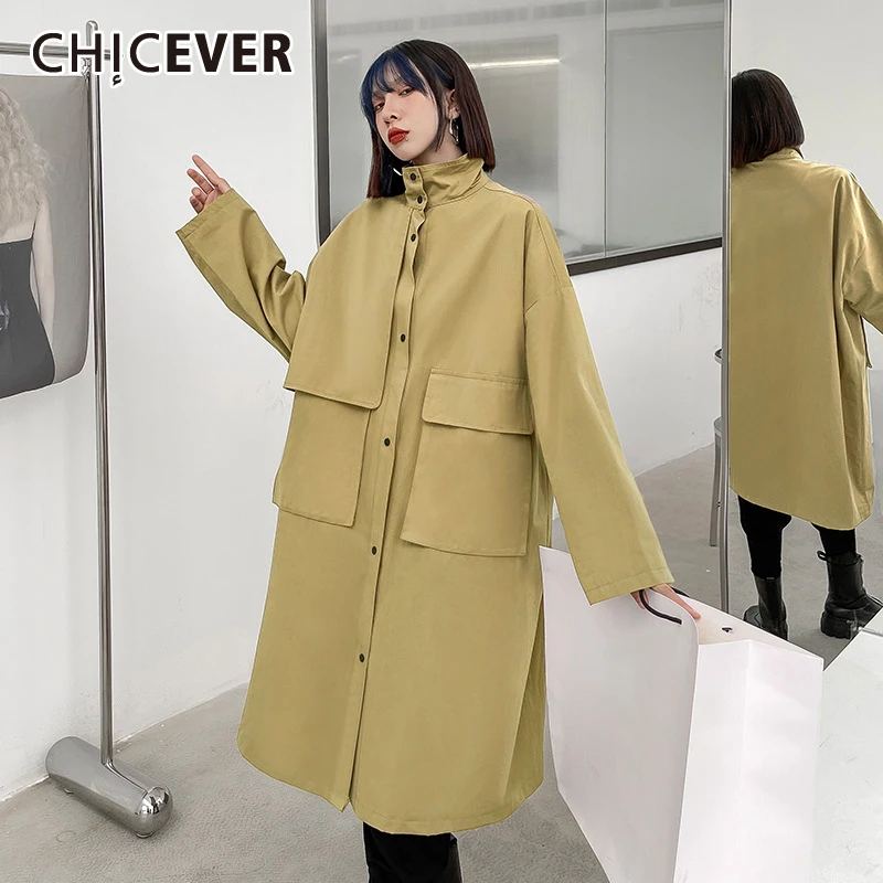 

CHICEVER Korean Fashion Trench Coat For Women Lapel Collar Long Sleeve Solid Single Breasted Straight Coats Female Clothing 2021