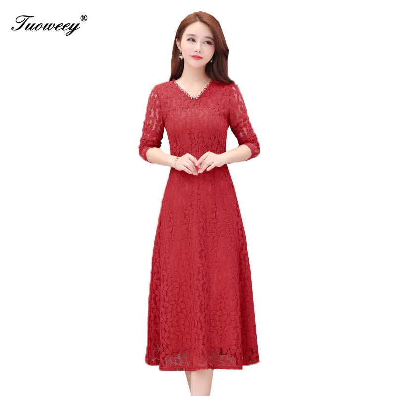 

2019 Autumn Winter Plus Size Red v-neck lace long Dresses Women Elegant Korean sexy hollow out Dress Party Long Sleeve Vestidos