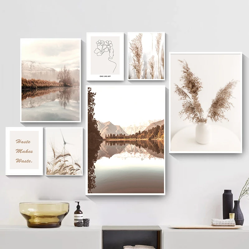 

Настенная картина на холсте, настенные постеры бежевого цвета с изображением тростника, пшеницы, леса, травы, линий, декоративные картины дл...