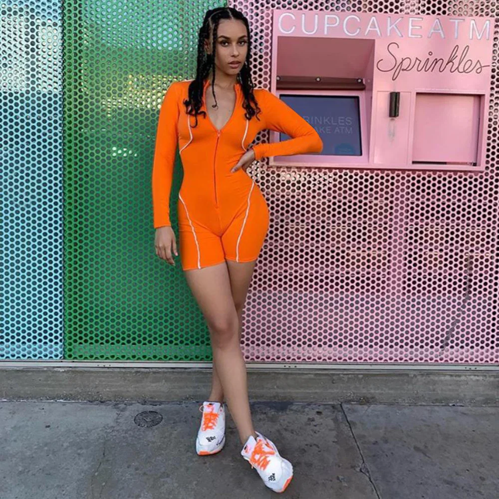 

Sedrinuo Women Casual Long Sleeve Reflective Stripes Romper Front Zipper Bodycon Jumpsuit Shorts