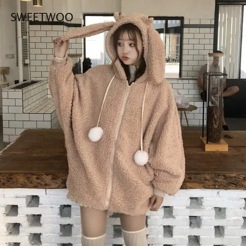 

Elegant Faux Fur Hoodie Jacket Women Autumn Winter Warm Soft Fur Zipper Hoodies Pocket Cute Rabbit Ears Plush Hoodies Sweatshirt