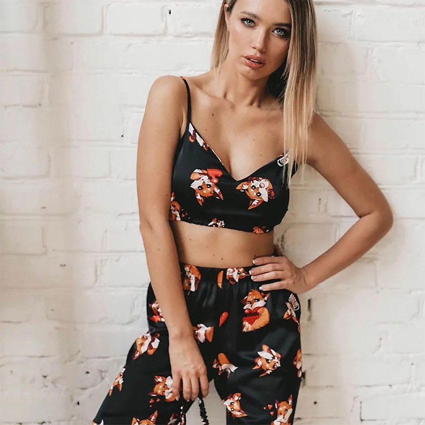 

Sexy Pajamas Set Women Cartoon Fox printing V Neck Top trousers pyjamas Sleepwear Satin Gallus Pijama Set Homewear Sleeveless