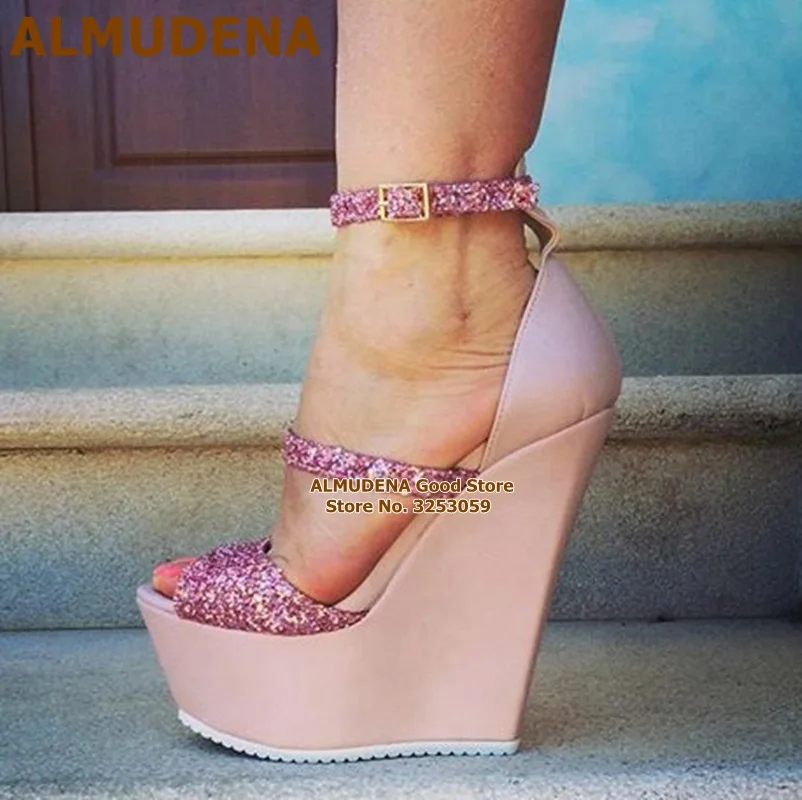 

ALMUDENA Pink Bling Bling Sequined Wedge Sandals High Platform Buckle Strap Dress Shoes Size46 Glittering Gladiator Pumps Women