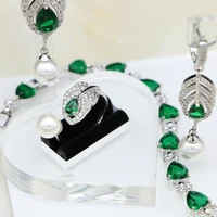 925 silver bridal jewelry sets green cz white pearls for women wedding earringspendantnecklaceringbracelet set