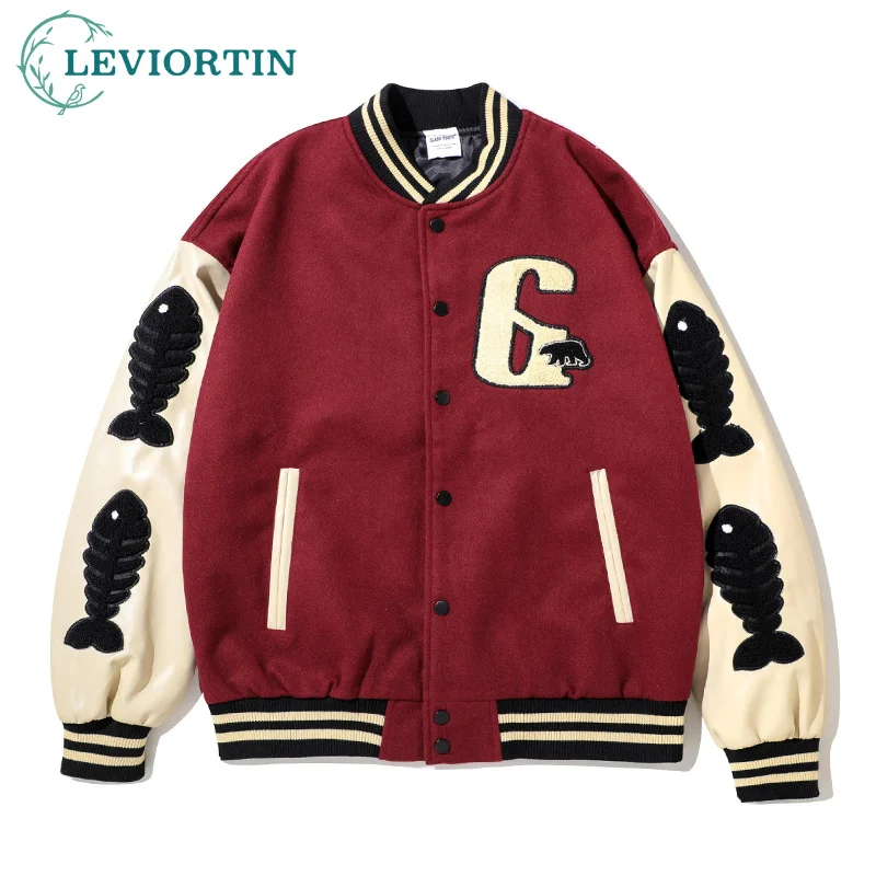 

High Street Women Baseball Jackets Coat Bear Embroidery Letter Pu Leather Streetwear Hip-hop Harajuku College Men Bomber Jacket