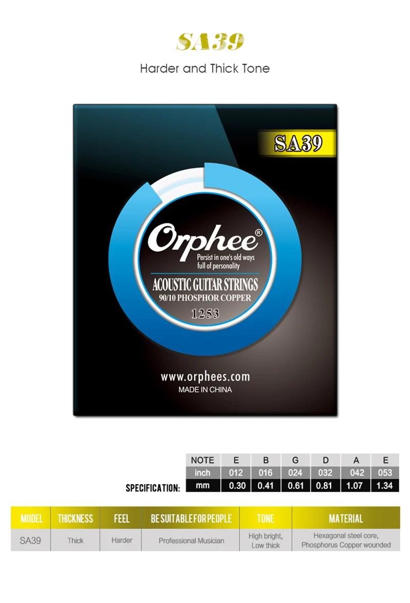 Набор струн для акустической гитары Orphee SA, Профессиональный светильник среднего размера, дополнительный светильник, струны из бронзы 90/10, аксессуары для гитары