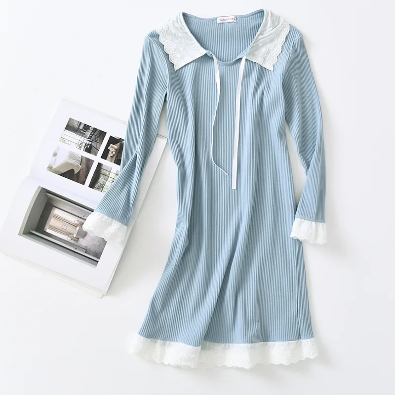 

100% Cotton Nightdress Female Summer Doll Collar Sweet Lace Cotton Princess Style Long Sleeve Nightdress Sleepwear Women Dress
