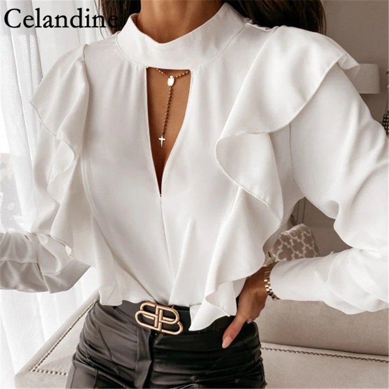 

Celandine Autumn Winter Black White Sexy Long Sleeve Ruffles Hollow Out Blouse Women Fashion Casual Shirt Chic Tops Ladies 2020